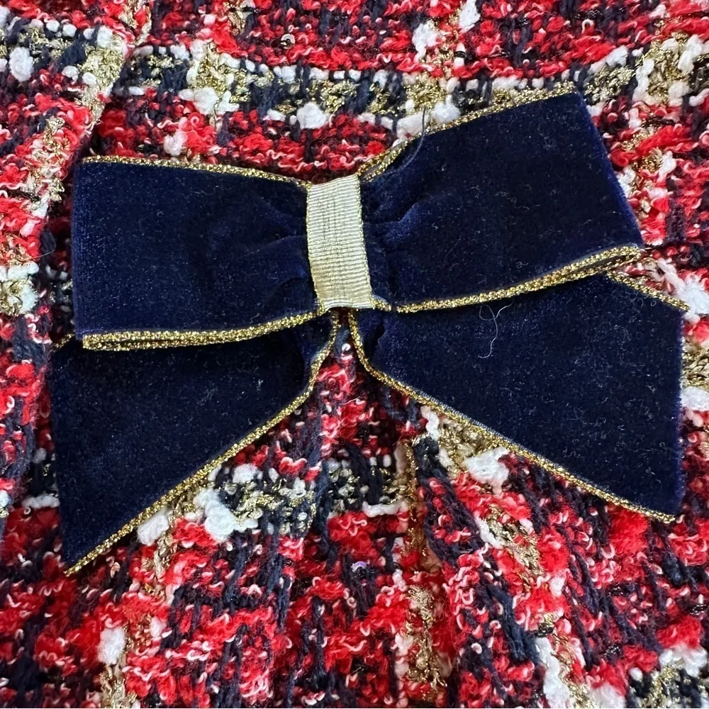 Blueberi Boulevard Red Plaid Dress Coat with Bows Sz 5